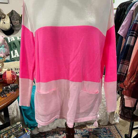 Lilly Pulitzer Colorblock Pink & White Sweater — XXS — Tassel Hem + Front Pocket - Picture 2 of 9